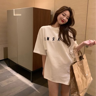 Camiseta de las mujeres de estilo coreano letras sueltas verano nuevo de longitud media camiseta de manga corta estudiante Top Ins mujer media manga