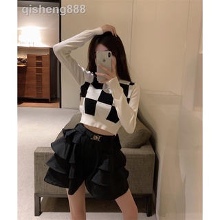 ●♈Early autumn net red suit women 2021 new fashion long-sleeved short top high waist puffy skirt pants two-piece trend