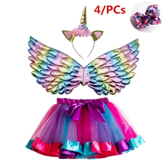 Wfrv arcoíris 4/pzas ropa Para bebé niña Vestido Tutu Arco iris Vestido Para niñas niños Skrit cumpleaños+ala+diadema+accesorios Para el cabello (1)