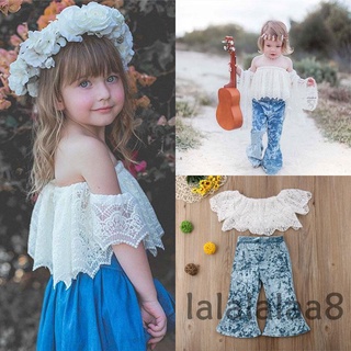 Laa8-dz niño niños niñas 2 piezas traje, encaje Floral Off-hombro manga corta Crop Tops + terciopelo acampanado pantalones conjunto