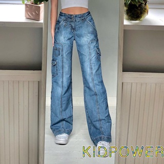 Kprq-pantalones vaqueros de estilo suelto para mujer azul Color sólido pantalones de pierna ancha con bolsillos