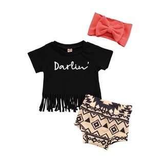 ✿-Lzz-✿-3 piezas de trajes de verano para bebé recién nacido, manga corta, letras, borla, pantalones cortos y diadema