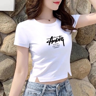 Camiseta de mujer de manga corta con letras impresas cuello redondo corto top