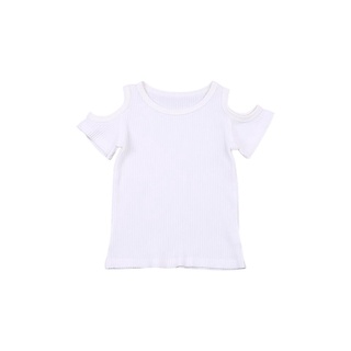 Sara-Girl'S Color sólido camiseta de punto, manga corta fuera del hombro cuello redondo Casual Tops, ropa de verano Simple