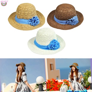 Ms señoras sombrero de paja de ala ancha envoltura de tela sol playa escudo gorra para el verano