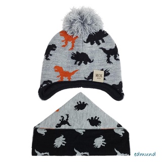✩Sd✲Niños pequeños grueso sombrero de punto + conjuntos de bufanda, bebé niños niñas dinosaurio Jacquard cuello calentadores de protección de la oreja sombrero