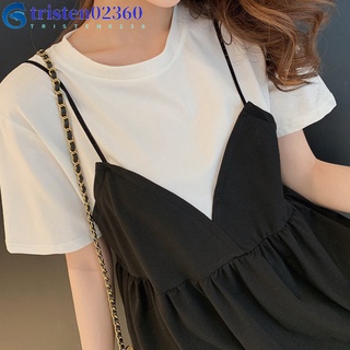 tristen02360 Women Suspenders Fake Two-piece Dress Milk Silk Fashion Loose Casual Short-sleeved Doll Skirt (2)