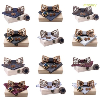 Mosury Wooden Bow Tie Handkerchief Set Men Women Hollow Wood Carved Floral Corsage Cufflinks Jewelry Gifts Unisex