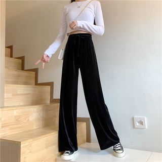 [coco House] pantalones de pierna ancha Pleuche estilo liso de gran tamaño de cintura alta fregado pantalones largos ropa de mujer (5)