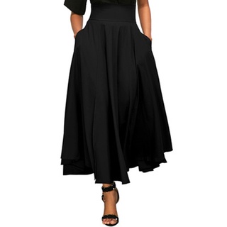 Women High Waist Long Skirt Dress Pleated A Line Front Slit Belted Maxi Skirt (5)