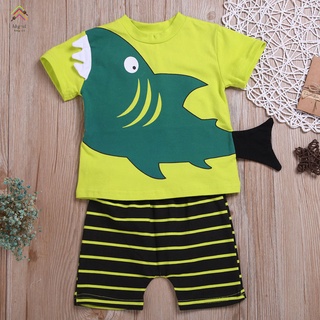 Verano bebé niños traje de manga corta lindo de dibujos animados tiburón camiseta de rayas pantalones cortos traje verde verano Casual traje