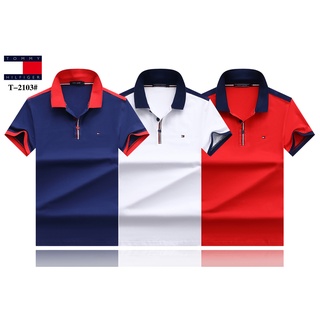 #2021 NEW# TOMMY HILFIGER men summer cotton formal office lapel polo-shirts men blue white red polo (1)