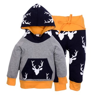 2 piezas de bebé ciervo patrón sudaderas con capucha conjunto de ropa de bolsillo tops + pantalones largos conjunto de traje