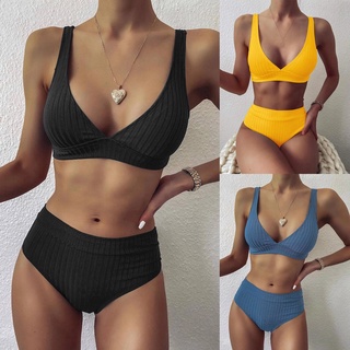 Mujeres rayas Push Up corte alto cintura alta Halter Bikini conjunto de dos piezas traje de baño waterstrty.br