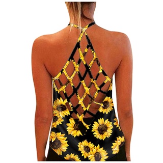 [QSDALEN]Womens Sunflower Print O-Neck Sleeveless Sexy Blouse Vest Fashion Tank Top
