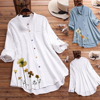 Kobreat_mujer Vintage Casual impresión flor botón colorido manga larga camisa blusablusa
