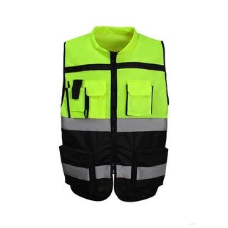 Reflectante de seguridad ropa tráfico ciclismo chaleco reflectante puede colgar Walkie-Talkie cuello redondo multibolsillo chaleco reflectante (1)