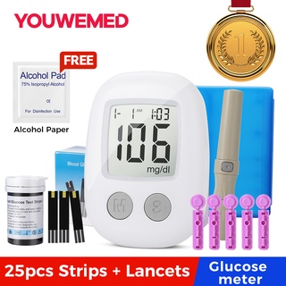 YOUWEMED Medidor De Glucosa En Sangre Juego De Monitoreo De Azúcar Glucómetro Con 25 Tiras 25pcs Lancets Kit De Prueba (1)