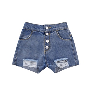 Kris-girls Casual Jeans con agujeros rotos, niños Color sólido pantalones cortos de tela de mezclilla, azul oscuro/negro