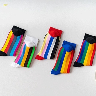 Est mujeres otoño arco iris Vertical rayas largas Crew calcetines novedad Harajuku Hip Hop Skateboard estudiante algodón tubo medio medias medias