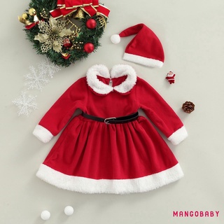 Mg-3pcs trajes de navidad infantil, niñas bloque de Color de manga larga cuello de muñeca recorte vestido Fuzzy + sombrero + cinturón