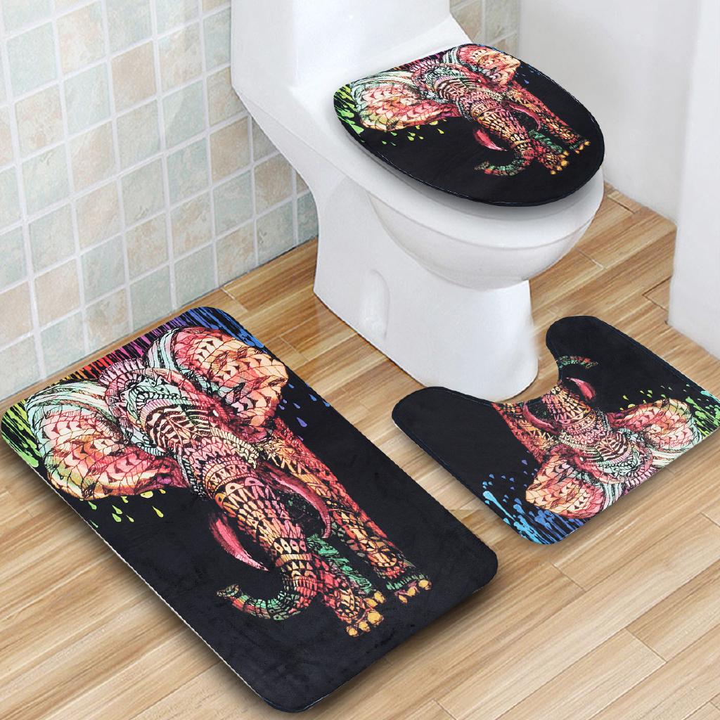 juego de 4 alfombras de baño de elefante colorido, cortina de ducha antideslizante