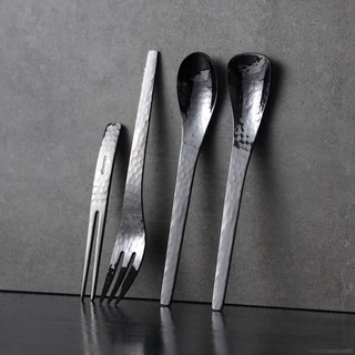 Estilo simple 304 acero inoxidable martillo cuchara tenedor negro fresco Ins tres dientes tenedor fruta tenedor postre cuchara de café cuchara (1)