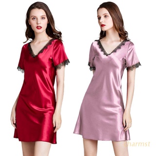 CHA Women Imitation Silk Short Sleeve Pajamas Sexy V-Neck Eyelash Floral Lace Nightgown Solid Color Mini Dress Sleepshirt
