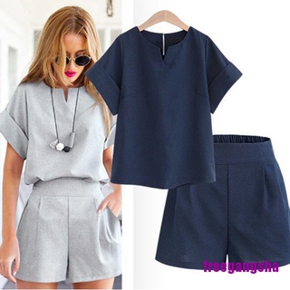 [FREG] Plus Size Women Summer Solid Blouse Casual Short Sleeved T shirt Shorts Set Wear ANGSHA