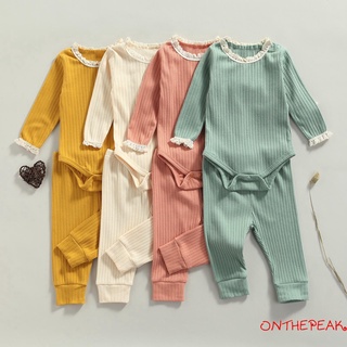Ont-2 piezas juego de traje de bebé, encaje recorte O-cuello de manga larga mameluco+pantalones de Color sólido para niños, 0-24 meses