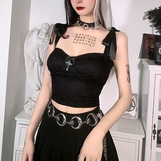 EMPTY Women Gothic Punk Sexy Floral Lace Crop Top Backless Tie-Up Bandage Strap Camisole Harajuku Metal Cross Sleeveless Vest (7)