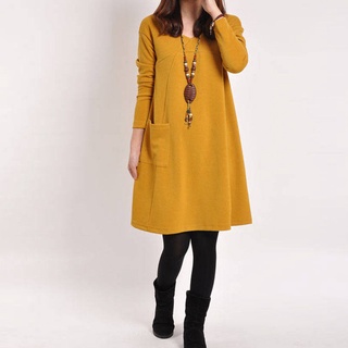 Women Autumn Dress V Neck Long Sleeves Pullover Pockets Loose Casual Dresses