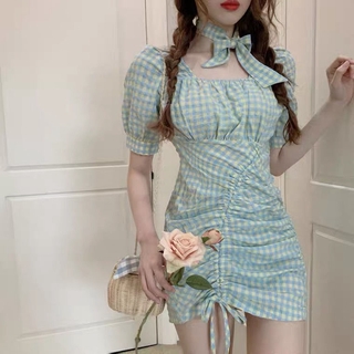 Coreano Retro a cuadros cintura apretado vestido plisado cordón adelgazar cadera vestidos de mujer ropa