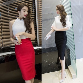Office Skirt Women Elastic High Waist Skirt Formal Side Slit Pencil Skirt