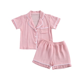 ☼Ng✣2pcs bebé Unisex pijamas de verano, lunares solapa manga corta camisa + cintura elástica pantalones cortos para niñas,