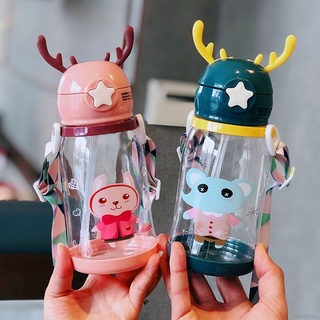Verano bebé niños cuernos taza de plástico estudiante botella de agua de dibujos animados taza de paja práctico taza 600ML