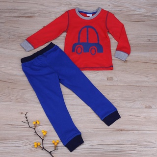 fashionjewelry exquisito 2 unids/set niños dibujos animados coche patrón suave ropa de hogar pijamas rojo top+pantalones azul