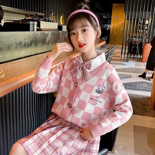 My Melody Kawaii Japonés Harajuku Cinnamon Perro Kuromi JK suéter suelto tablero de ajedrez dulce linda chaqueta de punto para chicas