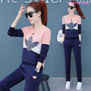 【Ready Stock】 2 Pcs/set Women Sweater Suit Long-sleeved Printed Shirt + Solid Color Pants Sports Casual Suit