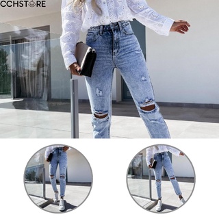 Cchstore- Jeans rasgados De color sólido para mujer con bolsillos