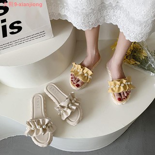 Zapatillas para las mujeres s exterior desgaste verano 2021 nuevo estilo pequeña fragancia perla fondo plano red celebridad moda salvaje palabra sandalias y zapatillas