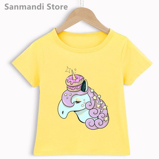 Nueva llegada 2021 Donuts unicornio impresión de dibujos animados camiseta niñas/niños verano Tops manga corta divertida camiseta Kawaii ropa de niños