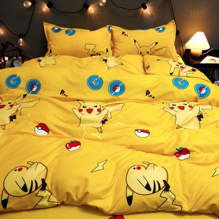 ✨La vida❤️Boutique ⚡Amarillo Pikachu de dibujos animados de la cama de cuatro piezas de edredón de la cubierta de la sábana de hombre edredón de la cubierta de la cama doble de tres piezas (1)