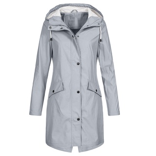 Mujer Color sólido chamarra de lluvia al aire libre sudadera con capucha impermeable a prueba de viento abrigo largo (2)