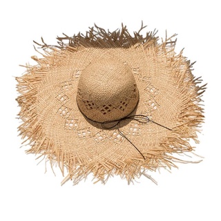 lu mujeres raffia paja sombrero de sol de ala grande floppy flecos hueco protector solar tapa cubo