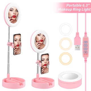 Espejo de maquillaje con 3 tonos de luz led cosmética belleza espejo de mesa USB vivo teléfono móvil titular