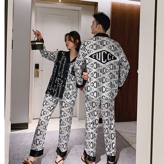 Victoria's Secret parejas de hielo de seda pijamas de los hombres de manga larga de la carta de impresión de primavera y otoño conjunto de satén de seda ropa de hogar de las mujeres (3)