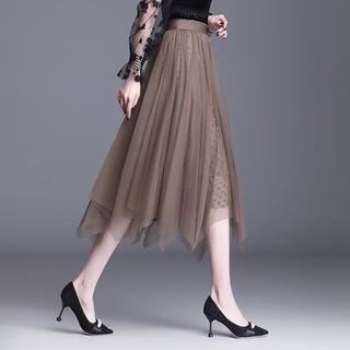 Falda de malla irregular, falda de una línea femenina, falda con dobladillo grande, falda plisada, falda larga de cintura alta