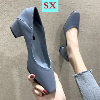 Fone de ouvido bluetooth 2021 otoño nuevos zapatos individuales de dos usos zapatos de mujer zapatos de tacón medio de tacón grueso zapatos de abuela de punta cuadrada de tacón alto zapatos de trabajo de boca poco profunda
