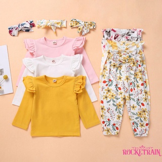 Popu-Hot venta de estilo de niñas Casual conjunto de ropa de tres piezas, Color sólido Tops de manga larga y estampado Floral patrón pantalones y tocado